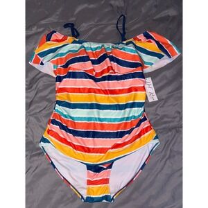 NEW Del Raya Women's Plus Size Striped Off-Shoulder One Piece Swimsuit 2XL‎